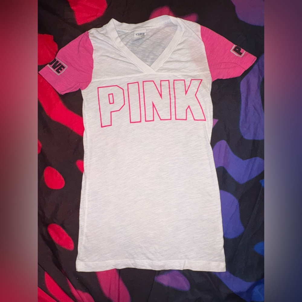 PINK Victoria's Secret White and Pink Short Sleeve Tee